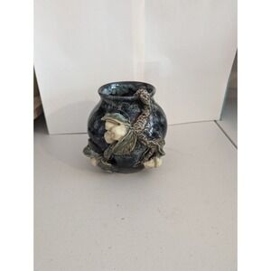 Studio art vase Navy and white with 3D style Branch, leaves, and fruit Signed